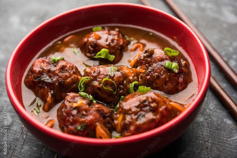 Veg or chicken Manchurian with gravy - Popular indo chinese food Veg or chicken Manchurian with gravy - Popular indo chinese food