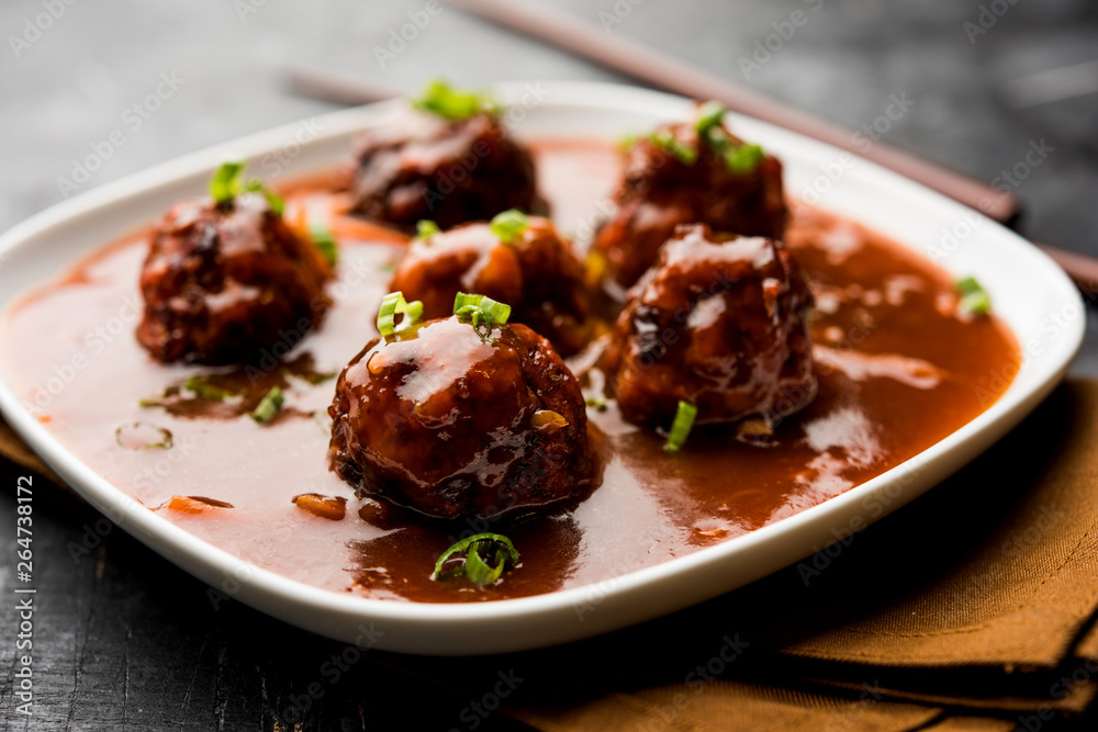 Veg or chicken Manchurian with gravy - Popular indo chinese food Veg or chicken Manchurian with gravy - Popular indo chinese food