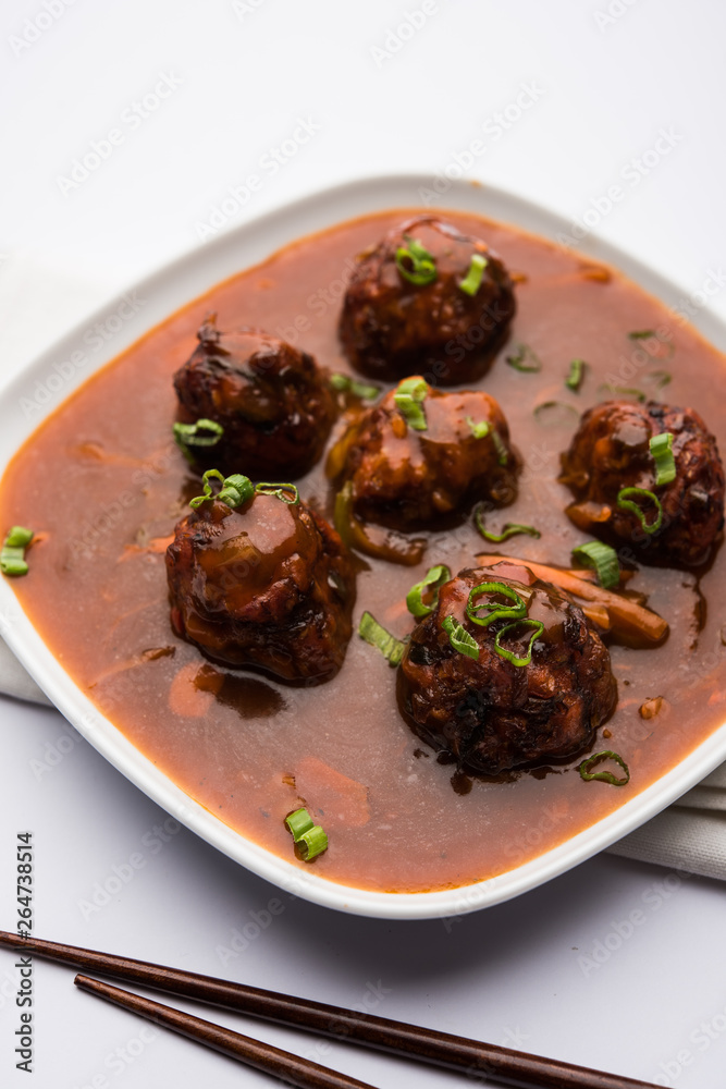 Veg or chicken Manchurian with gravy - Popular indo chinese food Veg or chicken Manchurian with gravy - Popular indo chinese food
