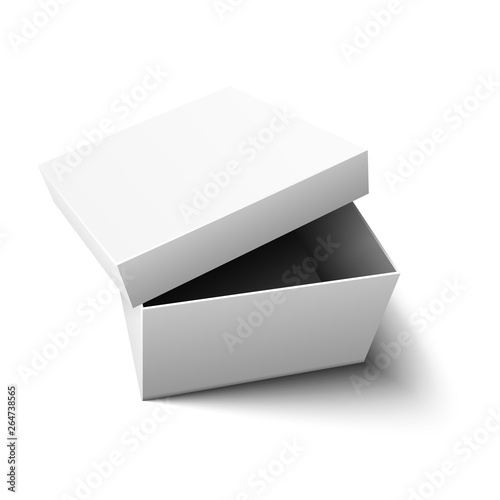 White empty realistic open cardboard box with cover, mockup, templete, promotion. Storage and transportation of items. Isolated on light background. Eps10 vector illustration.