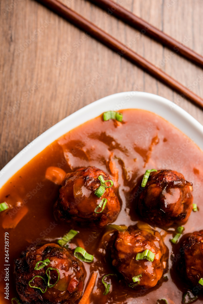 Veg or chicken Manchurian with gravy - Popular indo chinese food Veg or chicken Manchurian with gravy - Popular indo chinese food