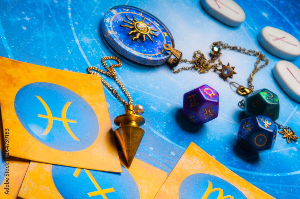 esoteric fortune teller tools magic pendulum, runes, zodiac pendant