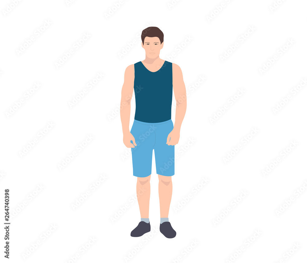 Young athlete in the form of shorts and shirt standing on a white background. Healthy lifestyle. Sports nutrition.