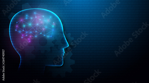 Human head and brain with Artificial intelligence concept from lines, triangles and particle style design. Illustration vector