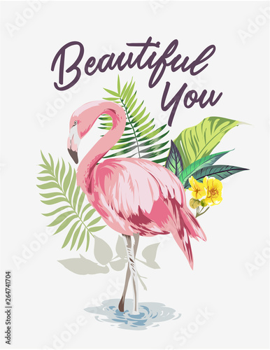 slogan with flamingo on exotic forest background
