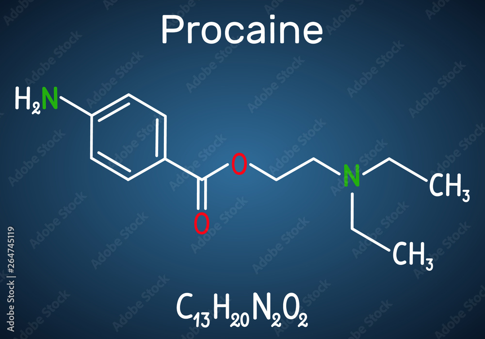 Procaine molecule. Is a local anesthetic drug. Structural chemical formula and molecule model on the dark blue background