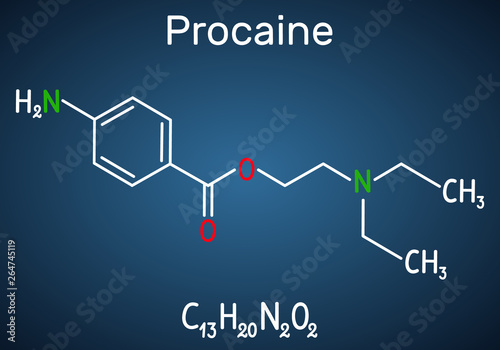 Procaine molecule. Is a local anesthetic drug. Structural chemical formula and molecule model on the dark blue background