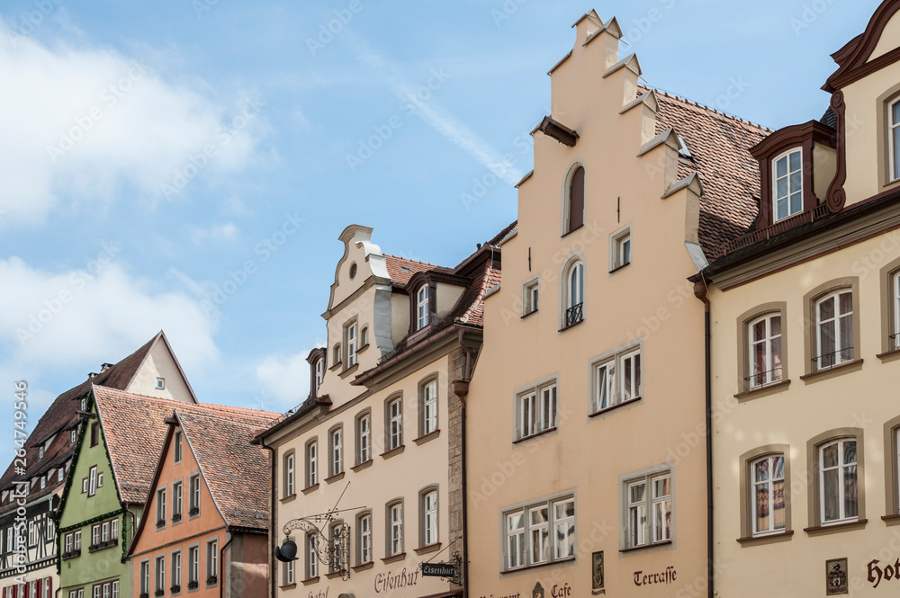 ROTHENBURG OB DER TAUBER, GERMANY -  MARCH 05, 2018: Historic colorful half-timbered houses in the medieval town Rothenburg ob der Tauber, one of the most beautiful villages in Europe, Germany