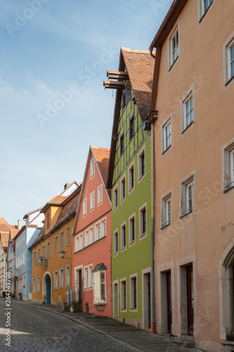 ROTHENBURG OB DER TAUBER, GERMANY - MARCH 05, 2018: Historic colorful half-timbered houses in the medieval town Rothenburg ob der Tauber, one of the most beautiful villages in Europe, Germany