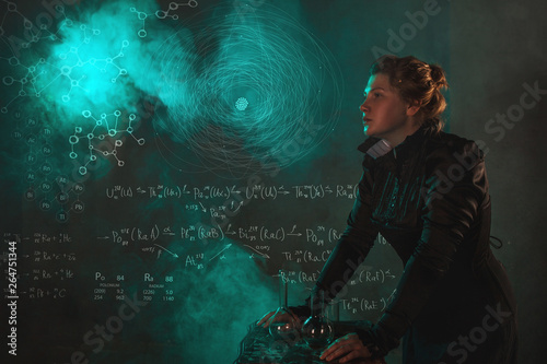 Scientist researcher on abstract background of schemes and formulas. History of science, great physical discoveries