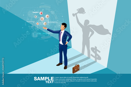 Isometric the Winner. Concept businessman his shadow is superhero and dollar symbol.Business vector illustration.