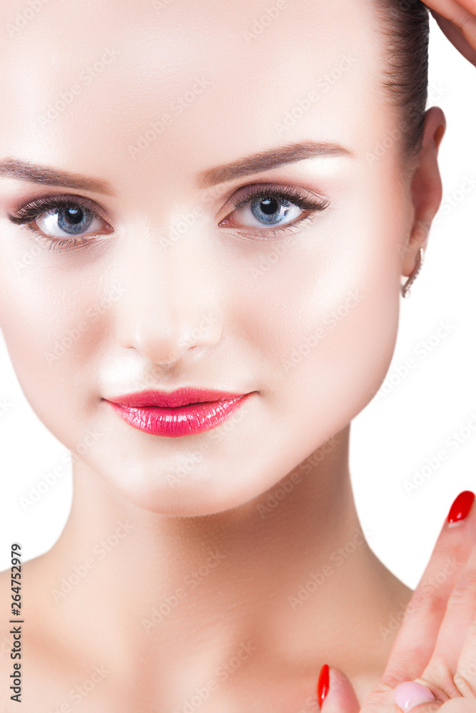 Beauty portrait. Young beautiful blond woman on isolated background. Attractive female on white background. Lady demonstrates makeup Beauty portrait. Young beautiful blond woman on isolated background. Attractive female on white background. Lady demonstrates makeup