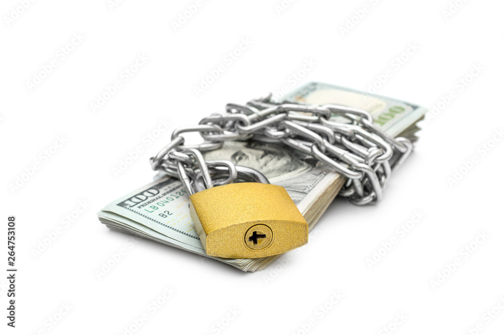 Stack of money wrapped by metal chain with padlock on white background. Stack of money wrapped by metal chain with padlock on white background.