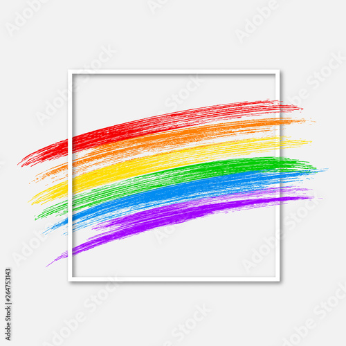 LGBT community flag and frame isolated on white. Symbol of gay pride. Grunge brush strokes texture the colors of the rainbow. International Day Against Homophobia vector illustration.