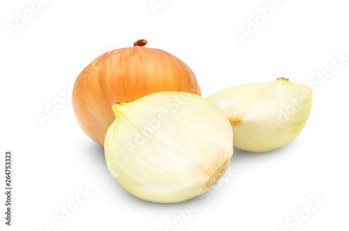 Onion with two half of peeled onion on white background.
