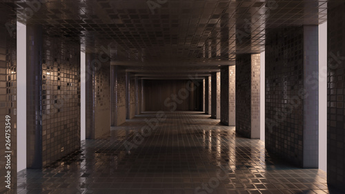 Dark tiles blank room interior glossy and lighting backdrop  3d rendering.