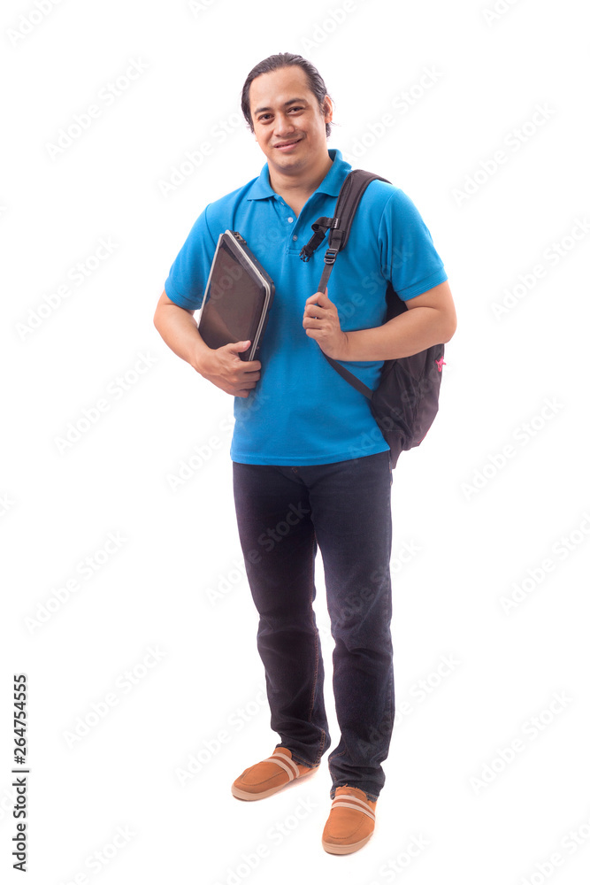 Fototapeta premium Young Asian Student With Laptop. Smiling Happily