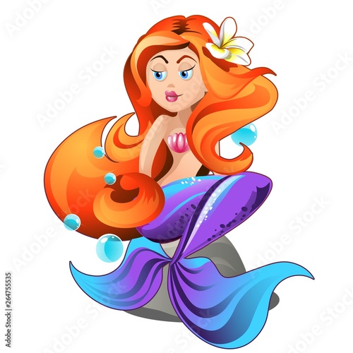 Cute mermaid with flower in the hair isolated on white background. Beautiful underwater fairytale characters with the human body and fish tail. Vector cartoon close-up illustration.