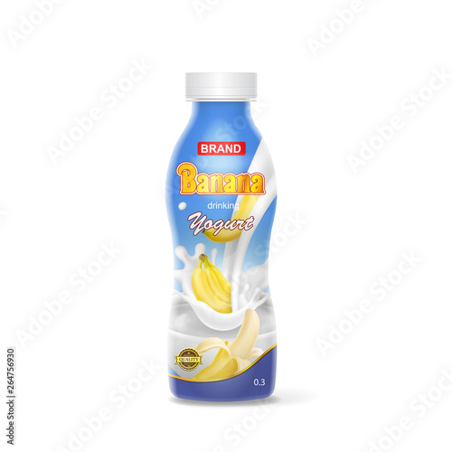Packaging design drinking yogurt with banana. Vector isolated plastic bottle for banana beverage