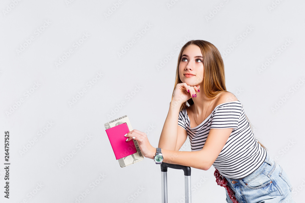 Teenager hipster with travel suitcase showing blank copy space, isolated on white background! Teenager hipster with travel suitcase showing blank copy space, isolated on white background!