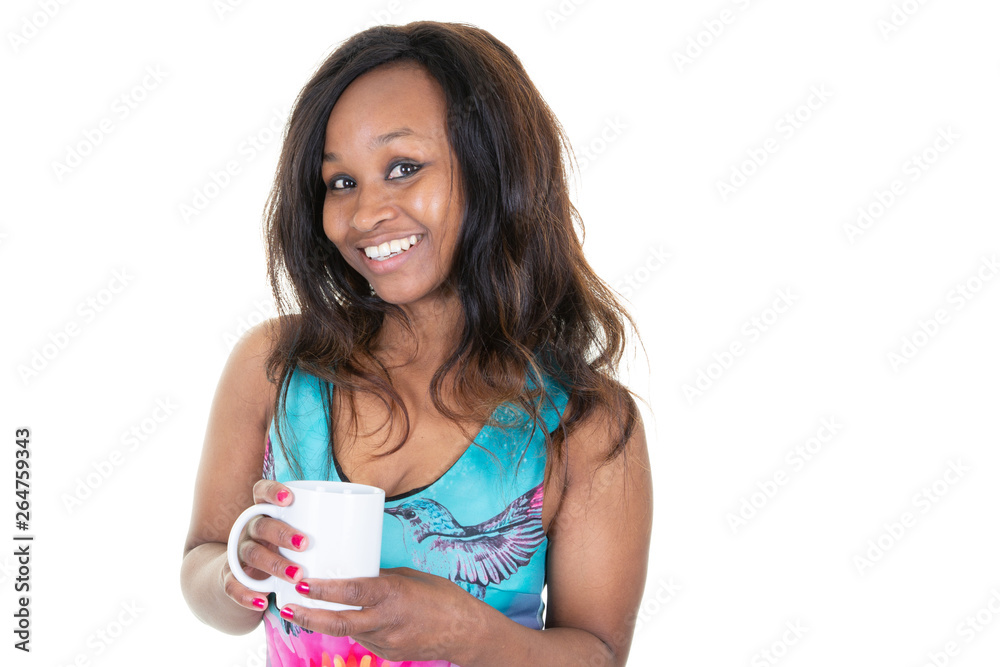 Portrait of american woman looking aside drinking mug cup coffee isolated over white background Portrait of american woman looking aside drinking mug cup coffee isolated over white background