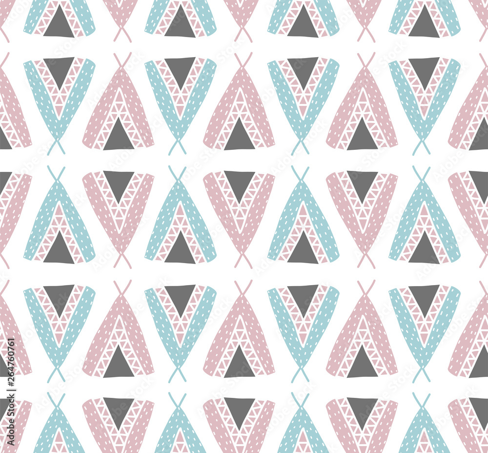 Scandinavian seamless pattern with teepee ethnic ornament. Vector children background.For fabric, clothes design, bed linen, wallpaper, scrapbooking, stamping, stickers, signboard, web design, pack. Scandinavian seamless pattern with teepee ethnic ornament. Vector children background.For fabric, clothes design, bed linen, wallpaper, scrapbooking, stamping, stickers, signboard, web design, pack.