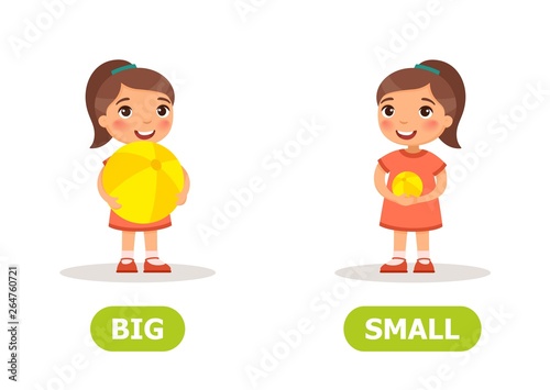Illustration of opposites big and small ball..Card for teaching aid, for a foreign language learning. Vector illustration on white background..