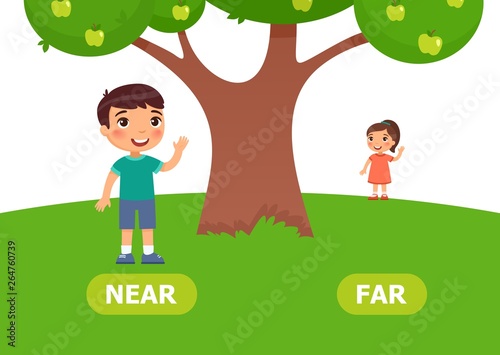Illustration of opposites. Boy stands near and girl stands far..Card for teaching aid, for a foreign language learning. Vector illustration on white background..