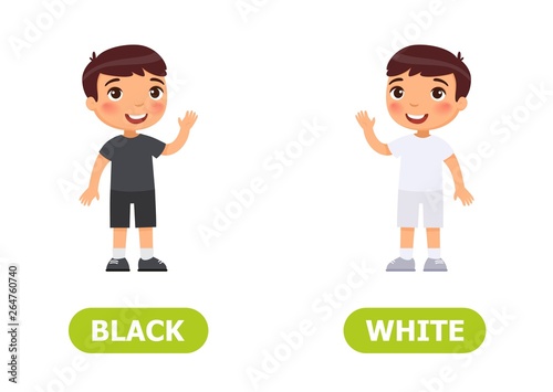 Illustration of opposites. Little boy in black and in white clothes..Card for teaching aid, for a foreign language learning. Vector illustration on white background..