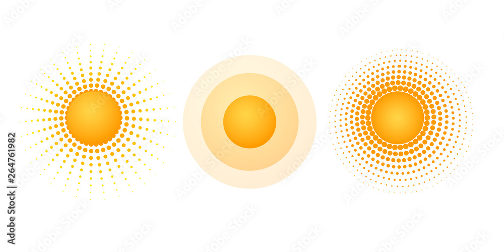 Solar radial pattern Orange abstract banner from dot Sun shape design element with a dotted pattern rays in a modern style Decorative solar symbol for creative design of summer spring theme Vector set - obrazy, fototapety, plakaty 