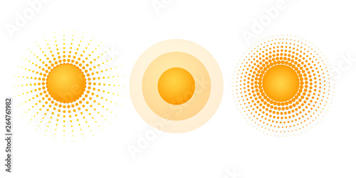 Solar radial pattern Orange abstract banner from dot Sun shape design element with a dotted pattern rays in a modern style Decorative solar symbol for creative design of summer spring theme Vector set