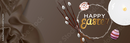Happy Easter realistic horizontal banner flat lay top view