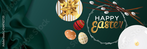 Happy Easter realistic horizontal banner flat lay top view