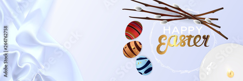 Happy Easter realistic horizontal banner flat lay top view