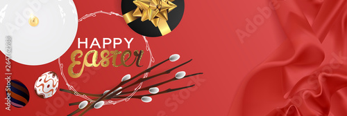 Happy Easter realistic horizontal banner flat lay top view