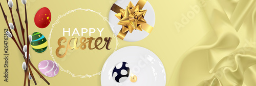 Happy Easter realistic horizontal banner flat lay top view