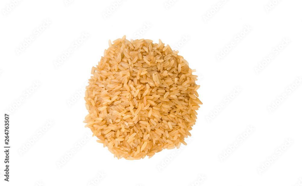 brown rice heap isolated on white background. nutrition. natural food ingredient.top view.