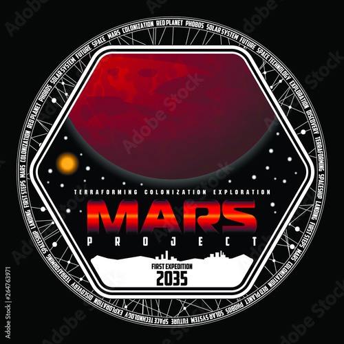 Mission to mars vector logo. Mars planet, space, sun and stars. For decoration, print or advertising. 