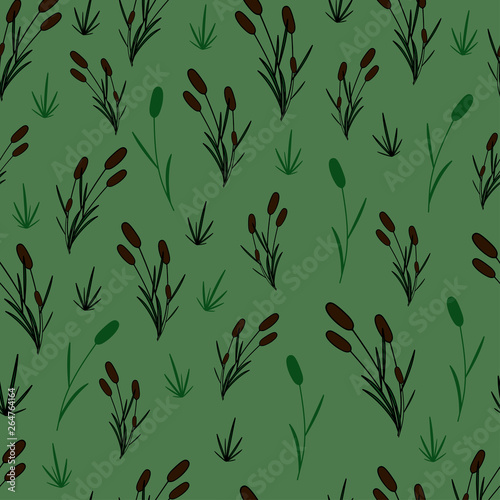 Reeds on a green  background. Seamless pattern. Illustration.