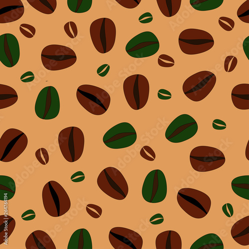 Brown and greencoffee beans on a orange background.Seamless pattern.  photo