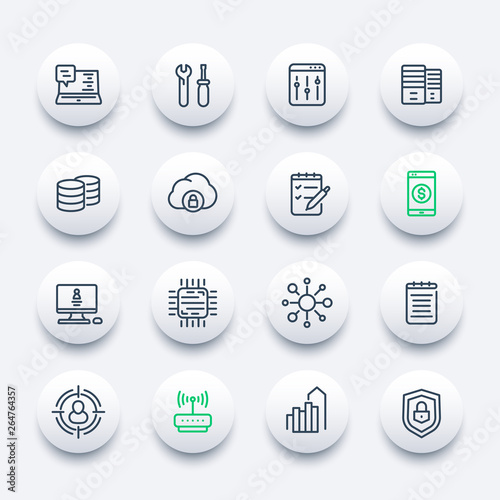 communication and technology, IT linear icons set