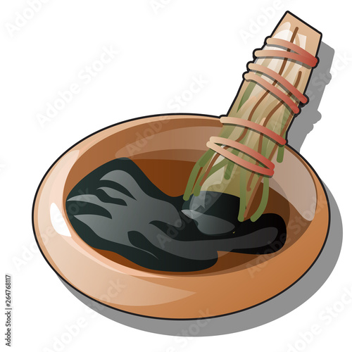 The process of filling the tied tube of plants with a black powder isolated on a white background. Cartoon vector close-up illustration.