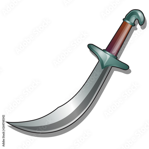 One-handed sword with broad curved blade or falchion isolated on white background. Vector cartoon close-up illustration.
