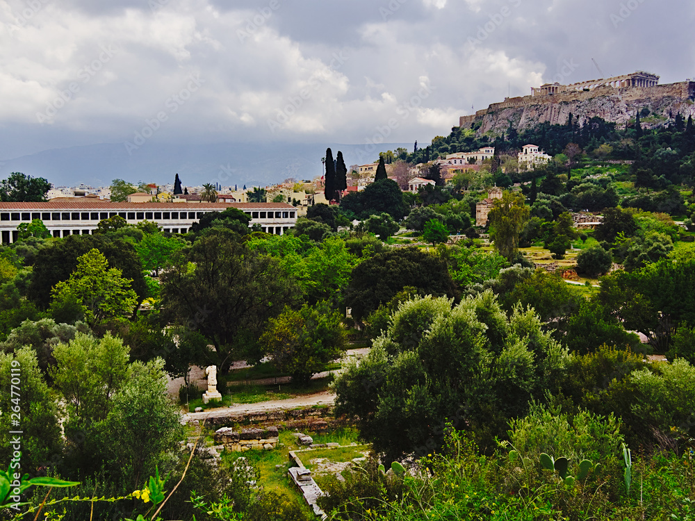 Acropolis in Athens Greece and Stoa of Attalos. View from ancient (arhaia) Agora.