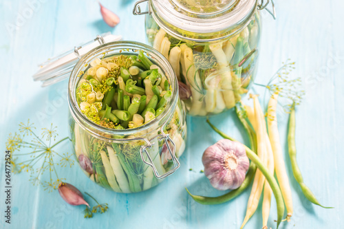 Top view of canned yellow and green beans