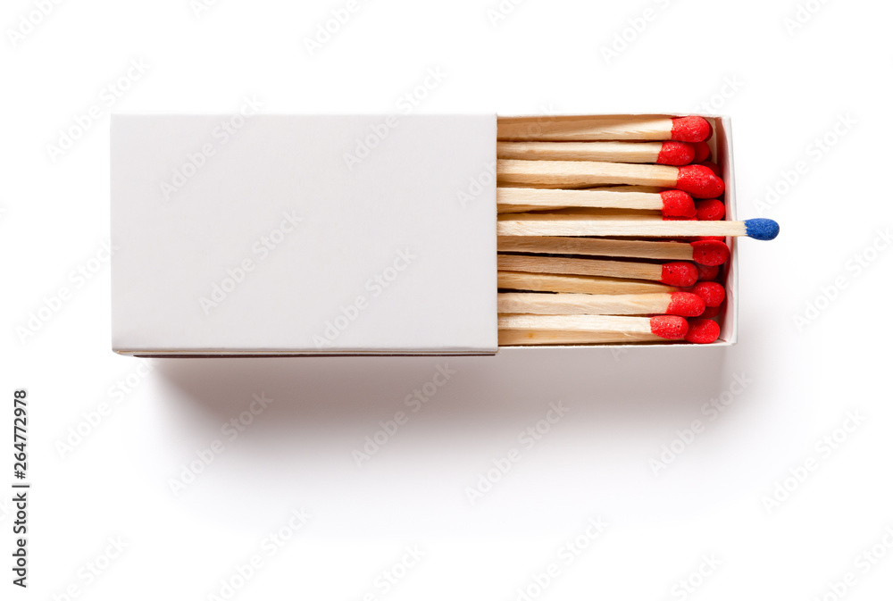 top view matchbox with one blue matchstick other in red on white with clipping path top view matchbox with one blue matchstick other in red on white with clipping path