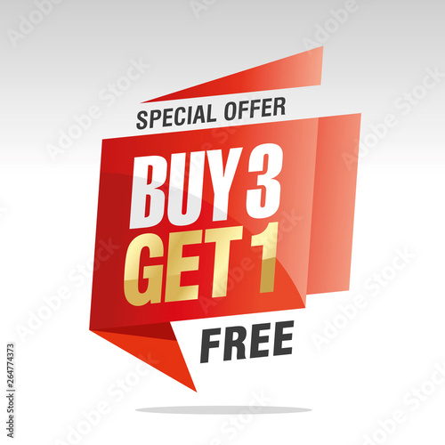 Buy 3 get 1 free speech bubble gold white red black sticker icon