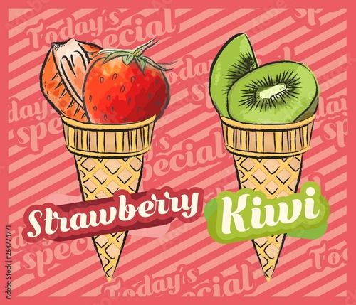 Strawberry ice cream. Kiwi ice cream. Vector illustration of fruit ice cream cone, Hand-drawn design