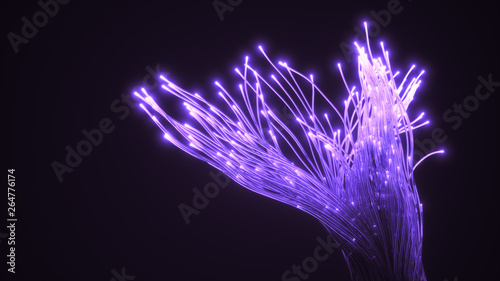 purple fiber optic glass strings glowing in dark. 3d illustration