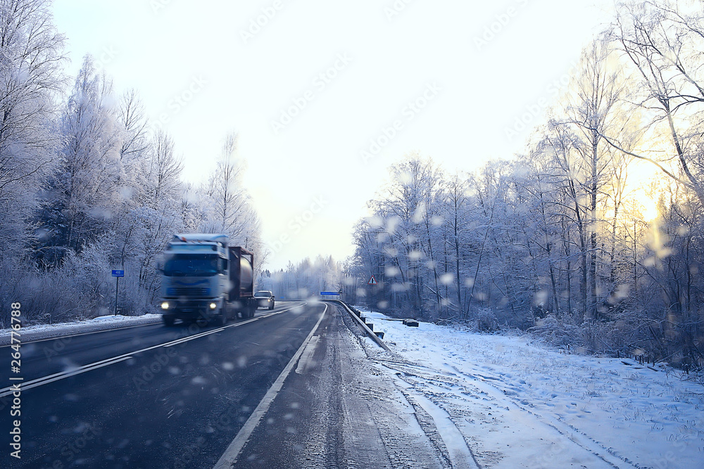 cars on winter road traffic jam city / winter weather on the city highway, the view from car in the fog and snow road cars on winter road traffic jam city / winter weather on the city highway, the view from car in the fog and snow road